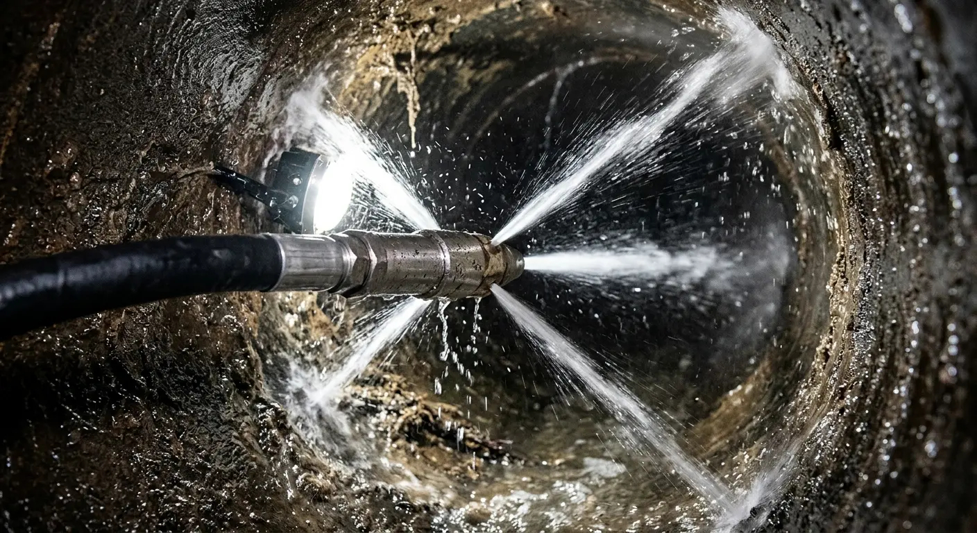 High-pressure hydro jetting nozzle cleaning sewer pipe for Storm Drain Cleaning in Minneapolis