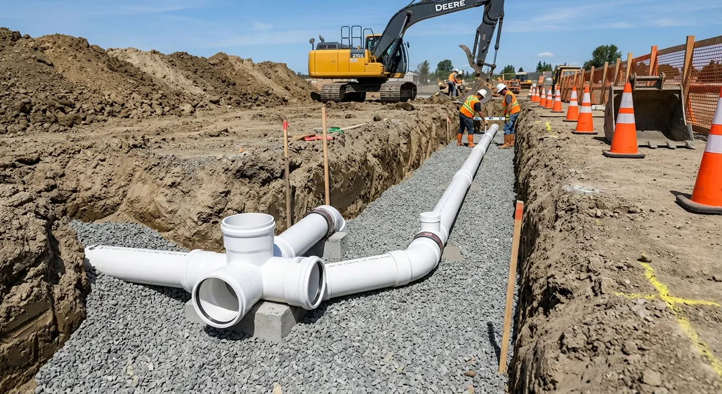 New PVC sewer pipe installation in open trench for Commercial Drain Cleaning in Minneapolis