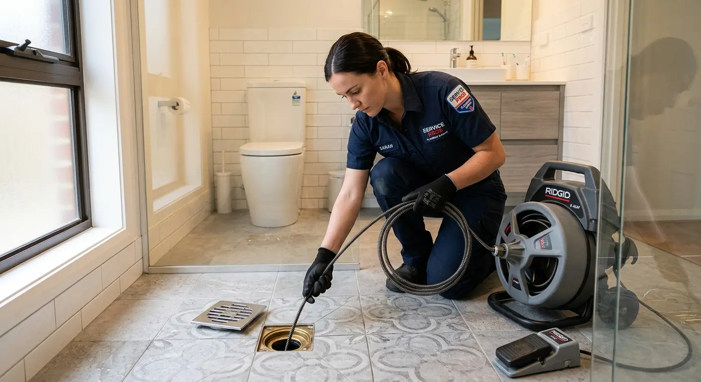 Technician clearing a bathroom floor drain for Hydro Jetting in Minneapolis
